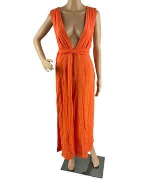 WET Vermillion Orange Plunge Neck Jumpsuit Linen Blend XS